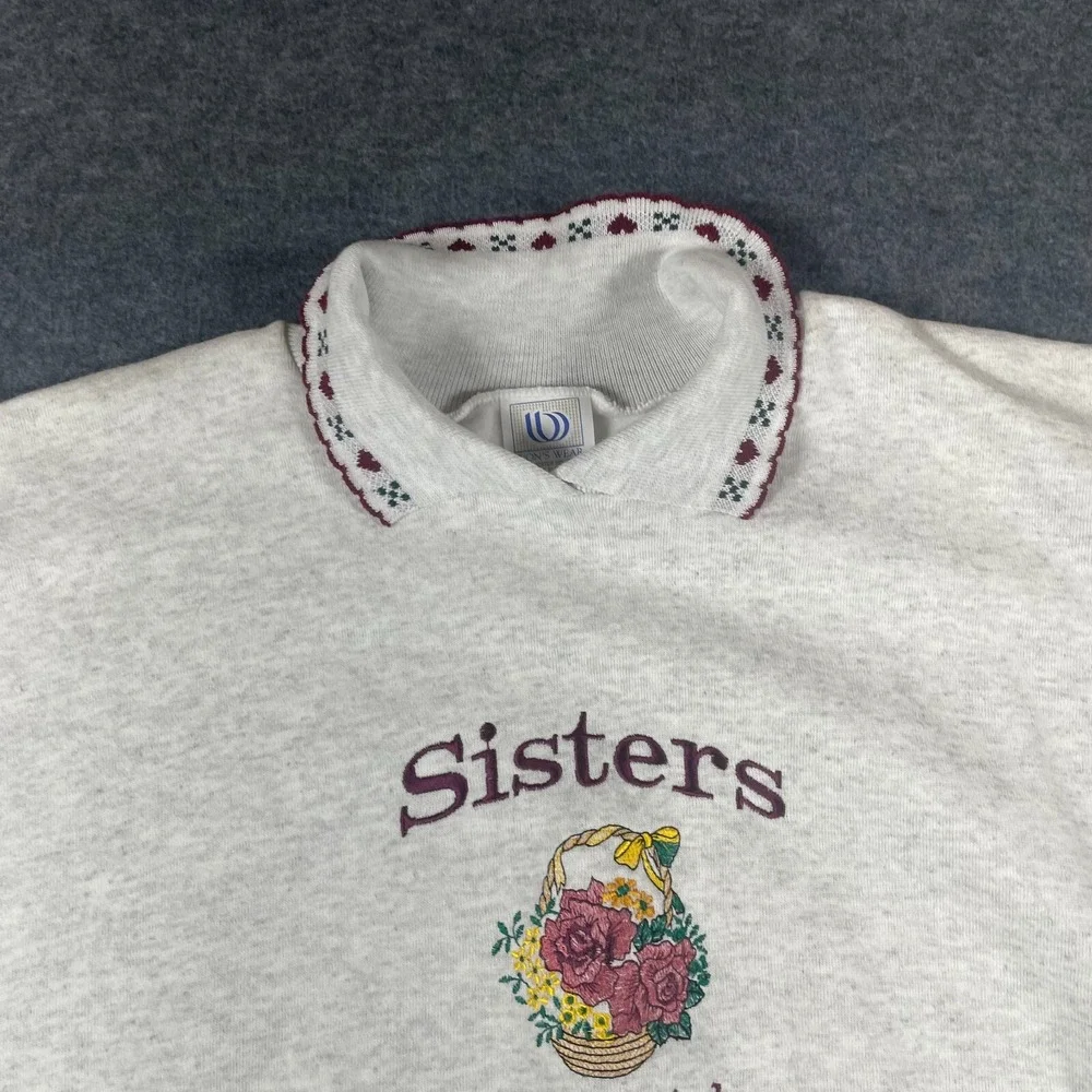 VTG Wons Wear Sweatshirt Womens Extra‎ Large Gray Collared Sisters Embroidered